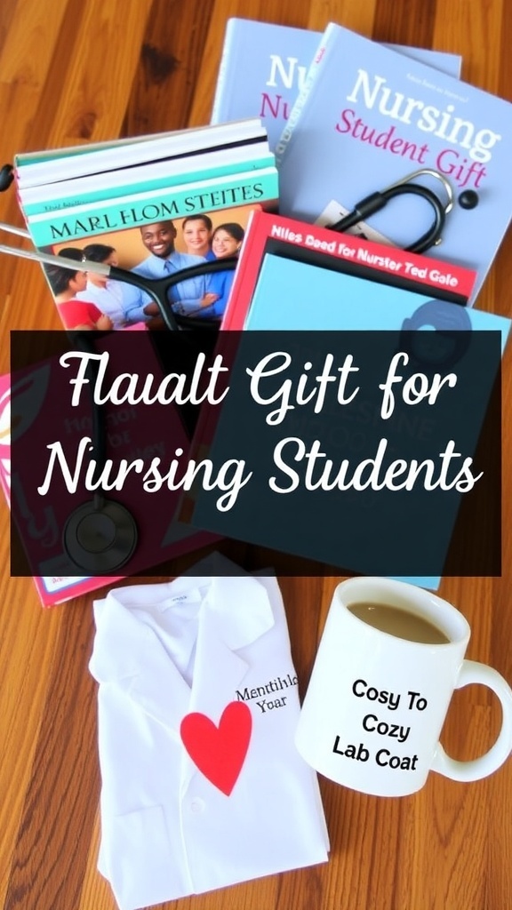 A variety of gifts for nursing students including a stethoscope, textbooks, and a coffee mug on a wooden table.